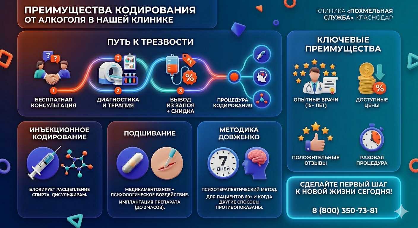 Инфографика о методах кодирования от алкоголя в Тосно: инъекции, подшивание, метод Довженко. Преимущества клиники и этапы лечения.