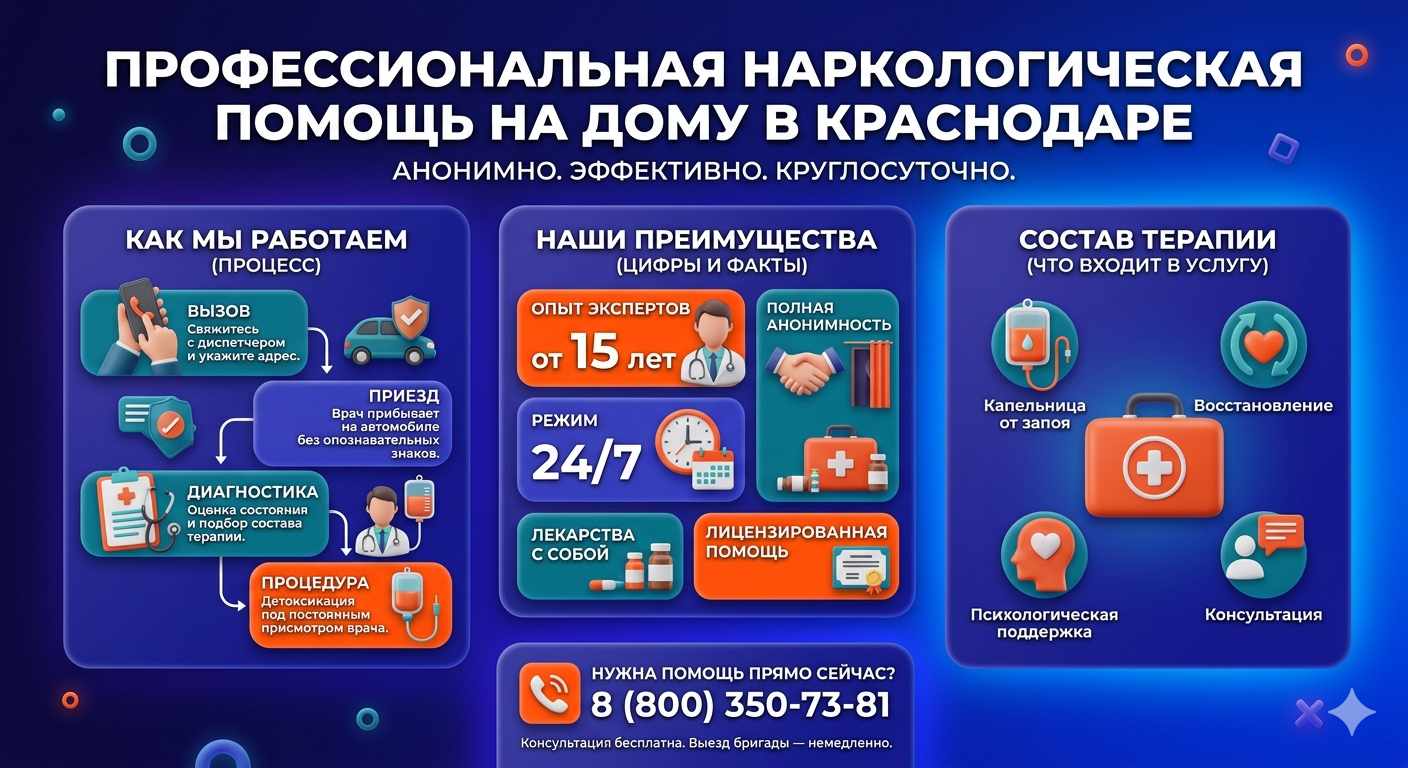 Инфографика о принципах лечения алкоголизма на дому в Тосно: этапы вызова нарколога, преимущества анонимной детоксикации и состав медицинской помощи.